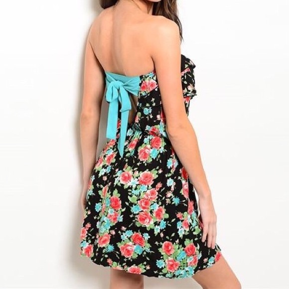 Strapless Black Floral Summer Dress with Open Back - Picture 2 of 8